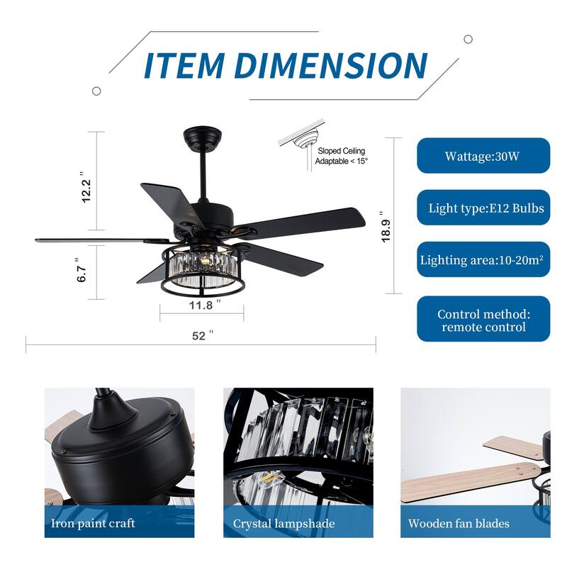 Chichoice 52" Modern Mute Black Crystal Ceiling Fan with Lights and Remote, 6 Speeds DC Motor Reversible Chandelier Ceiling Fan