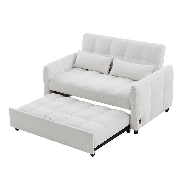 52.8" Convertible Loveseat Sofa Bed with Adjustable Backrest, USB Ports, Tufted Design, Chenille Upholstery, Beige