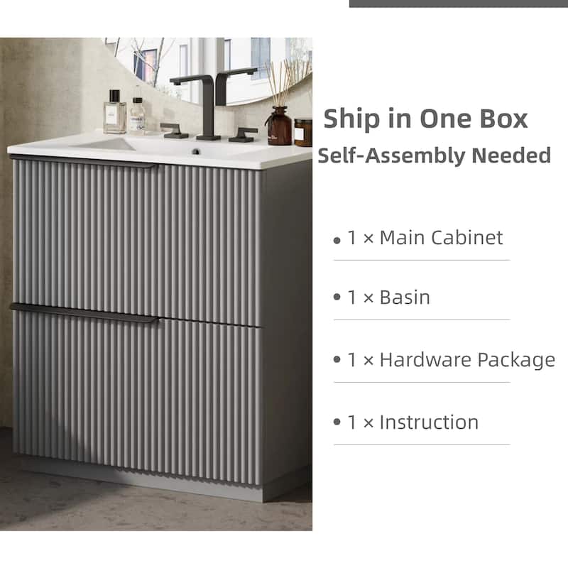 30" Bathroom Vanity with Ceramic Sink, Full-Extension Drawers, Soft Close Slides, and Fluted Design