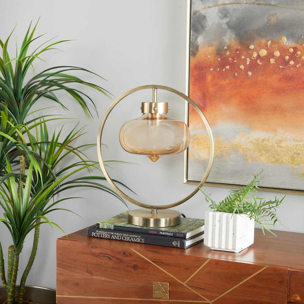 Gold Metal Circular Framed Accent Lamp with Hanging Glass Shade