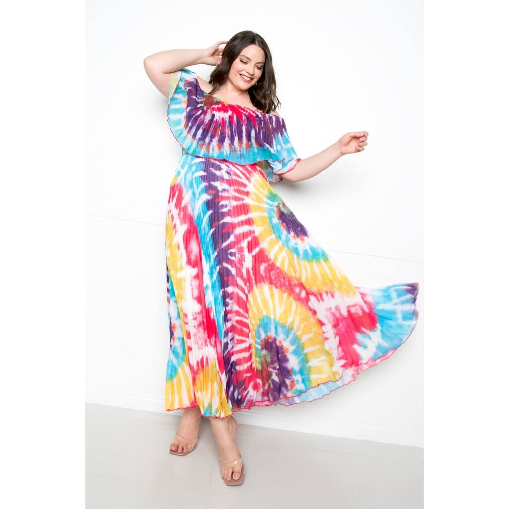 Tie Dye Off-Shoulder Plated Maxi Dress Plus Size