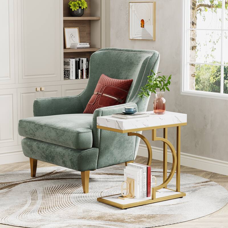 Narrow Side Table C Shaped End Table for Living Room