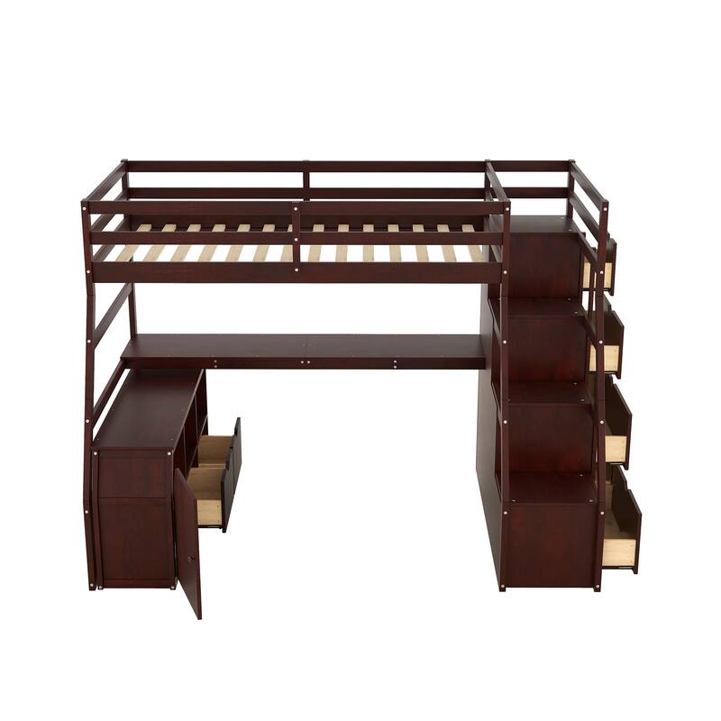 Loft Bed with 7 Drawers 2 Shelves and Desk - Espresso