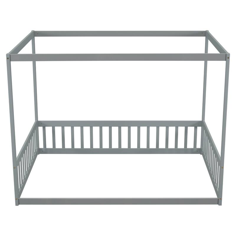 Full Size Canopy Frame Floor Bed with Fence