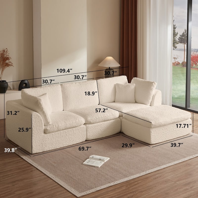 110" Convertible L-Shape 3-Seater Cloud Sectional Sofa with Ottoman