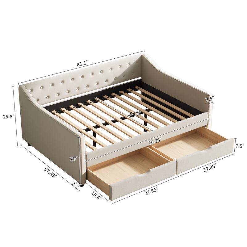 Linen Upholstered Daybed with 2 Drawers, Wooden Platform Sofa Bed Frame with Button Tufted Backrest, No Box Spring Needed