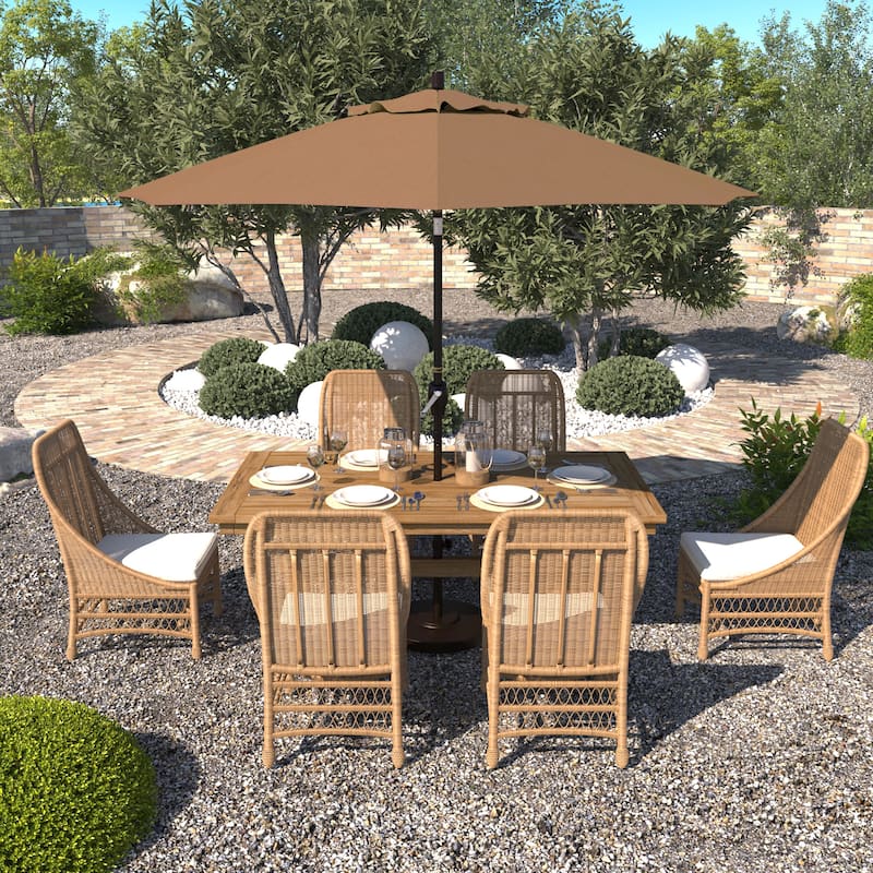 California Umbrella 9' Round Crank Lift Push Button Tilt Bronze Aluminum Patio Umbrella Sunbrella - Heather Beige