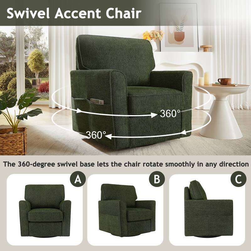360 Degree Swivel Chair for Living Room, Swivel Accent Chair with Armrest, Chenille Sofa Chair with Side Pockets