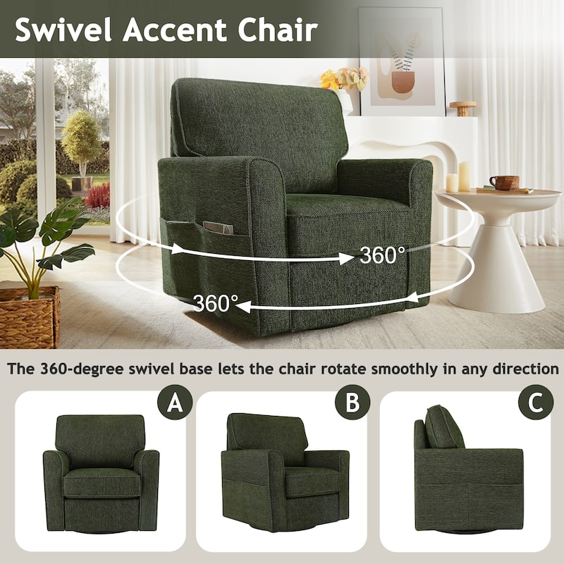 Chenille 360° Swivel Barrel Chair with Side Pockets, Ergonomic Support, and Removable Cushions