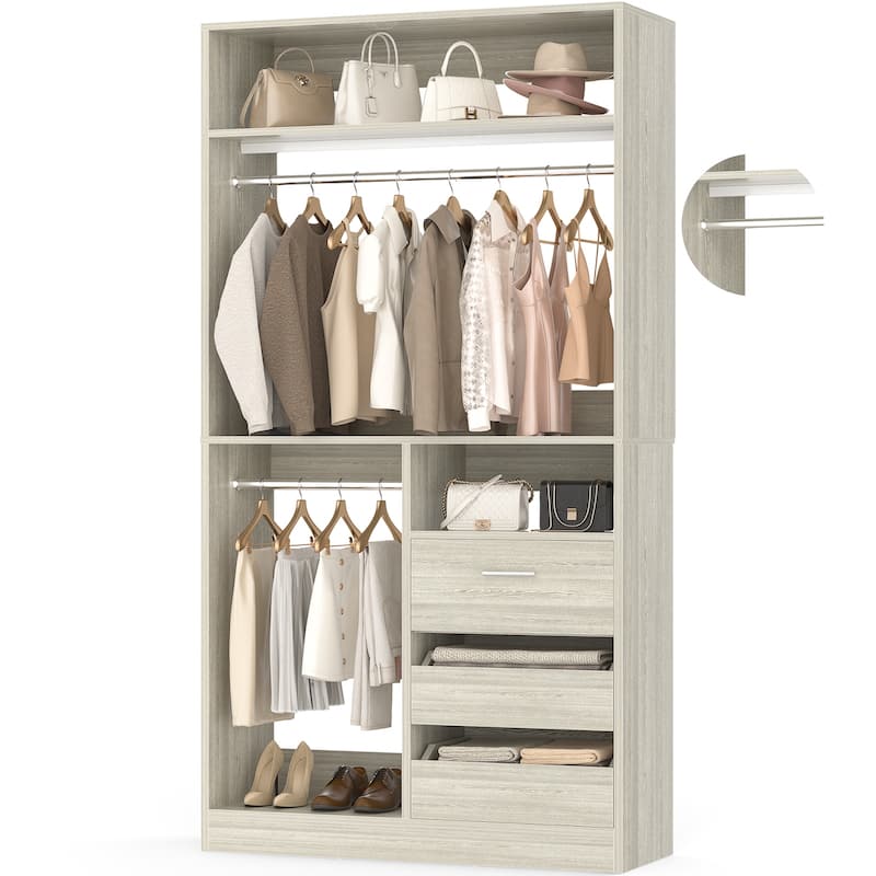 Qvella 72"-108" Closet System with Drawers and Hanging Rods,Freestanding Walk-in Closet Organizer System Wardrobe Closet Tower