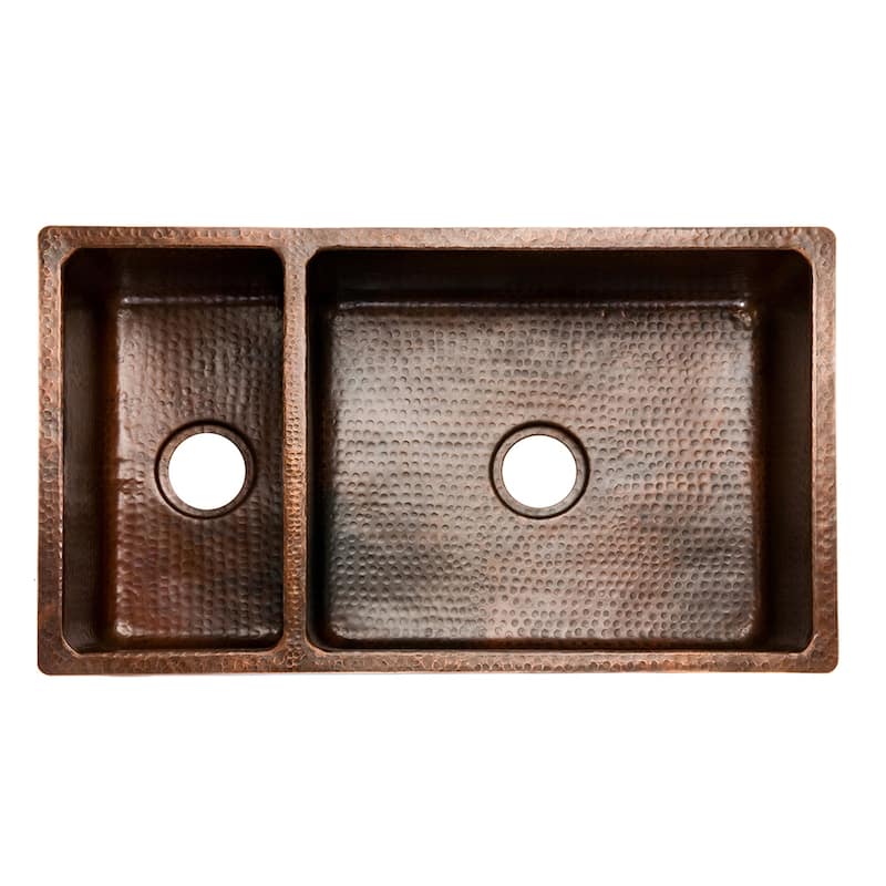 33-in Hammered Copper Kitchen 25/75 Double Basin Sink with Matching Drains, and Accessories (KSP3_K25DB33199)