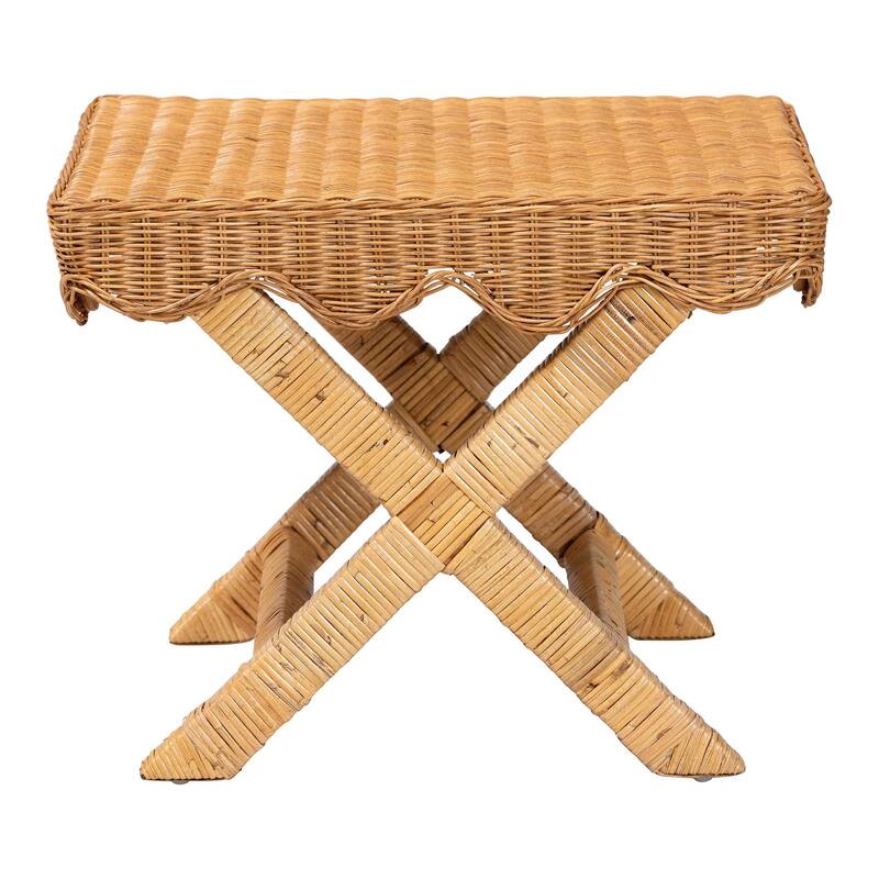 Modesta Natural Rattan Accent Bench - Handwoven Wicker Seating with Scalloped Apron and X-Frame Base, Coastal Boho Seating