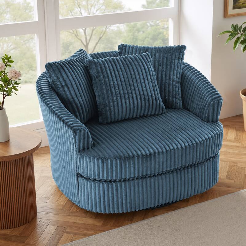 Oversized 43" W Plush Corduroy Swivel Barrel Chair with Pillows