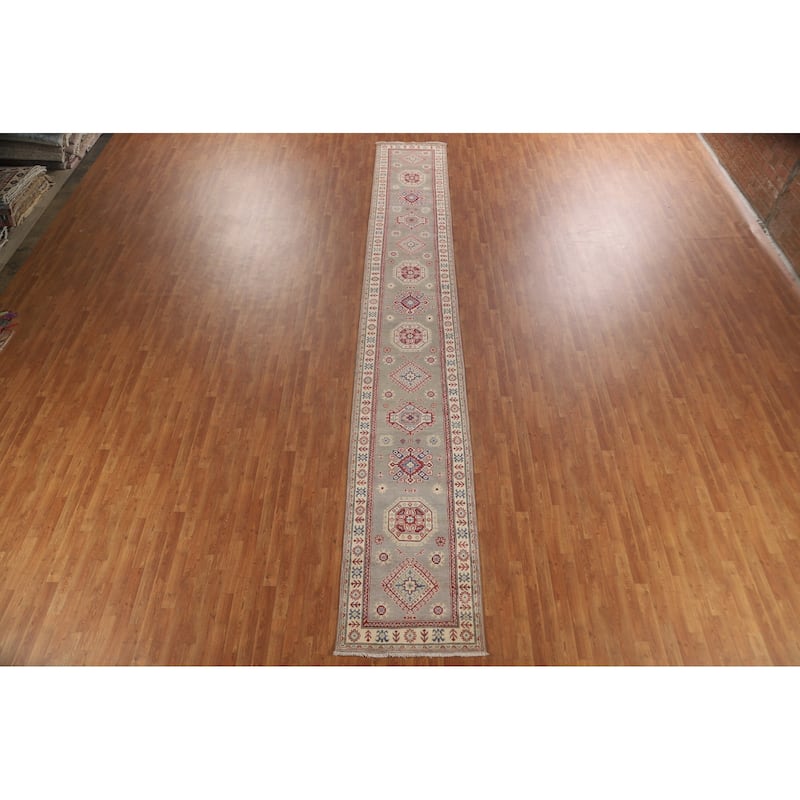 Geometric Kazak Runner Rug Hand-Knotted Grey Wool Carpet - 2'9" x 19'7"