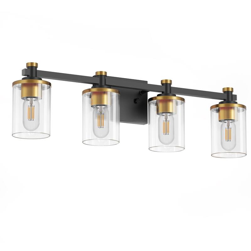 YANSUN 27.6 in. 4-Light Black and Gold Vanity Lighting with Round Transparent Glass Shades for Modern Spaces