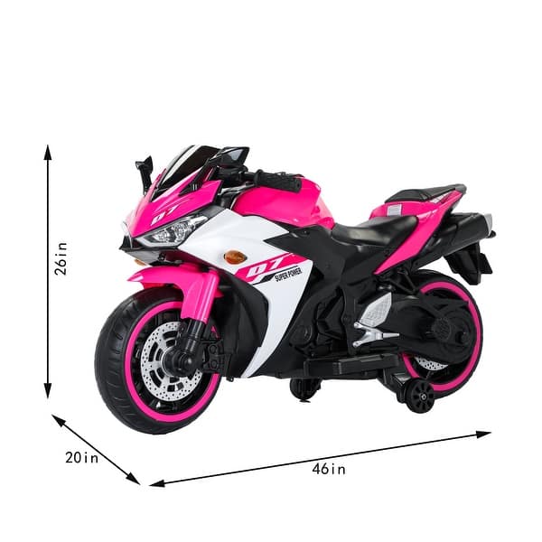 dimension image slide 2 of 3, Kids 12V Ride-On Motorcycle with Training Wheels, Music, and Foot Brake 鈥