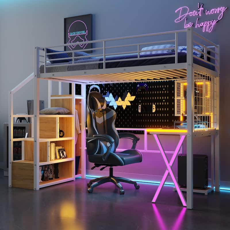 Twin Size Loft Bed with Workstation, Wardrobe, Storage Stairs, and LED Lights, White