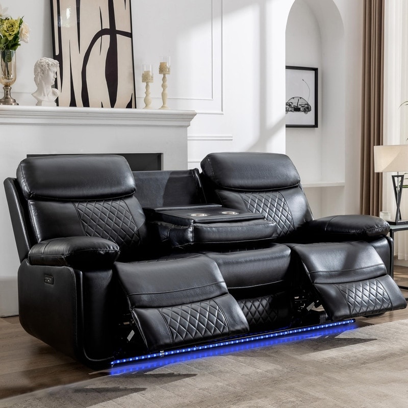 Power Reclining Sofa with Wireless Charger Reading Light LED Light for Living Room Faux Leather AC USB Port Cup Holder Black Bed Bath Beyond 40373659