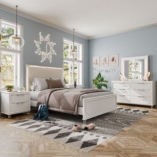 Furniture of America Drima Modern 4-Piece Pearl White Solid Wood Kids Platform Bedroom Set with LED