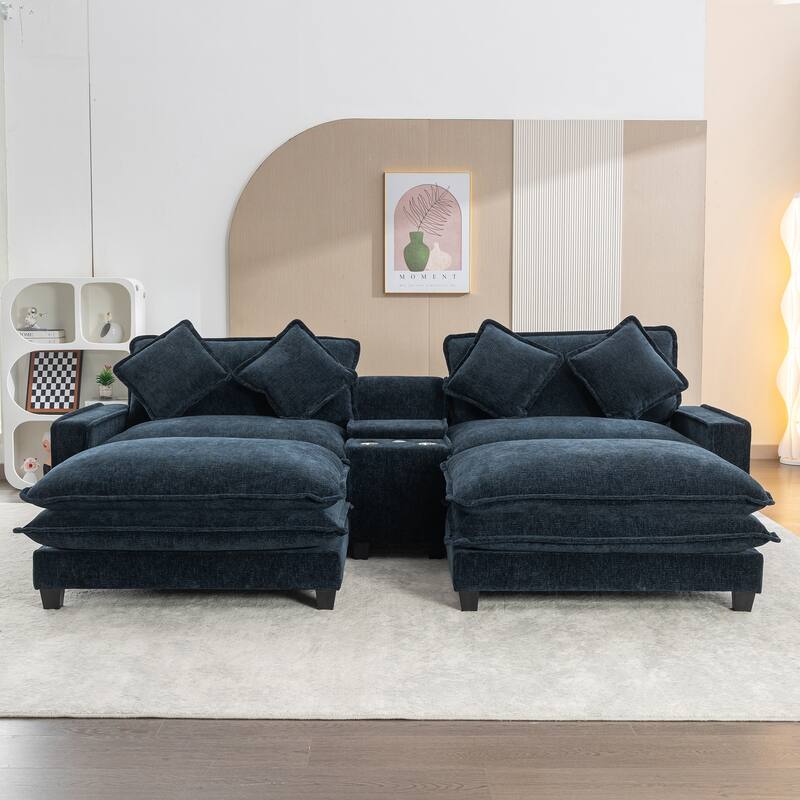 Roomfitters Chenille Sectional Sofa with 2 Ottomans, USB Ports, Cup Holders and Storage Box for Living Room