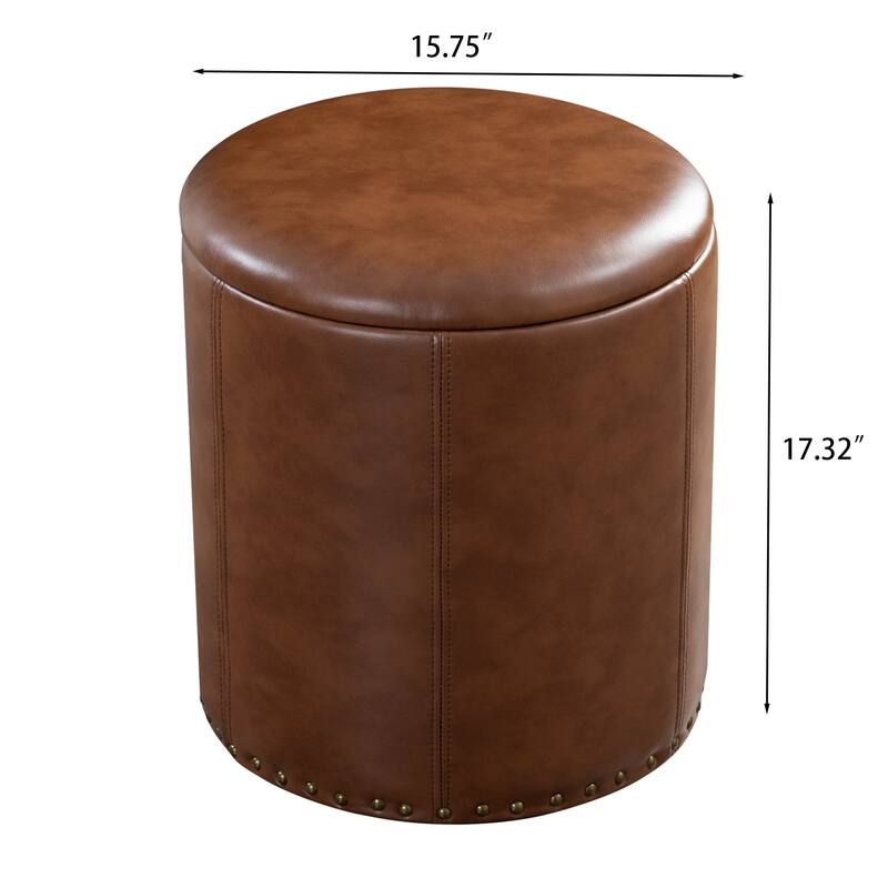 Adeco Round Faux Leather Storage Ottoman with Nailhead Trim