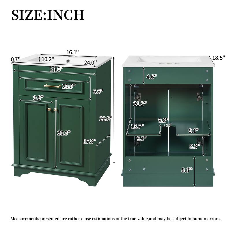 24" Bathroom Vanity with Integrated Ceramic Sink, Bathroom Cabinet with 2 Doors, 1 Tip-Out Drawer