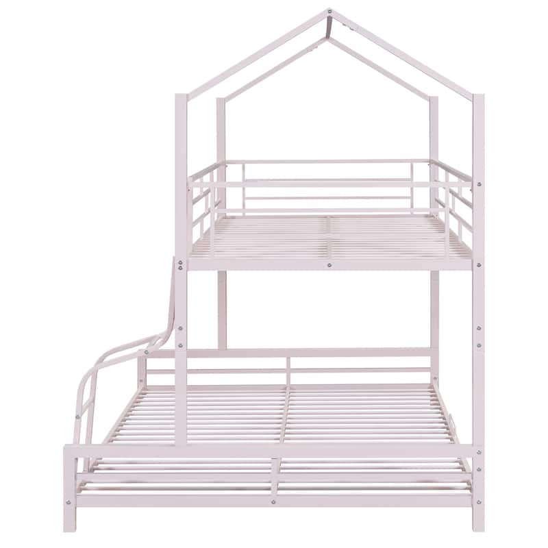 Metal House Bunk Bed with Roof, Twin over Full Size Detachable Bunk Bed Frame, Heavy Duty Metal Bed Frame with Ladder