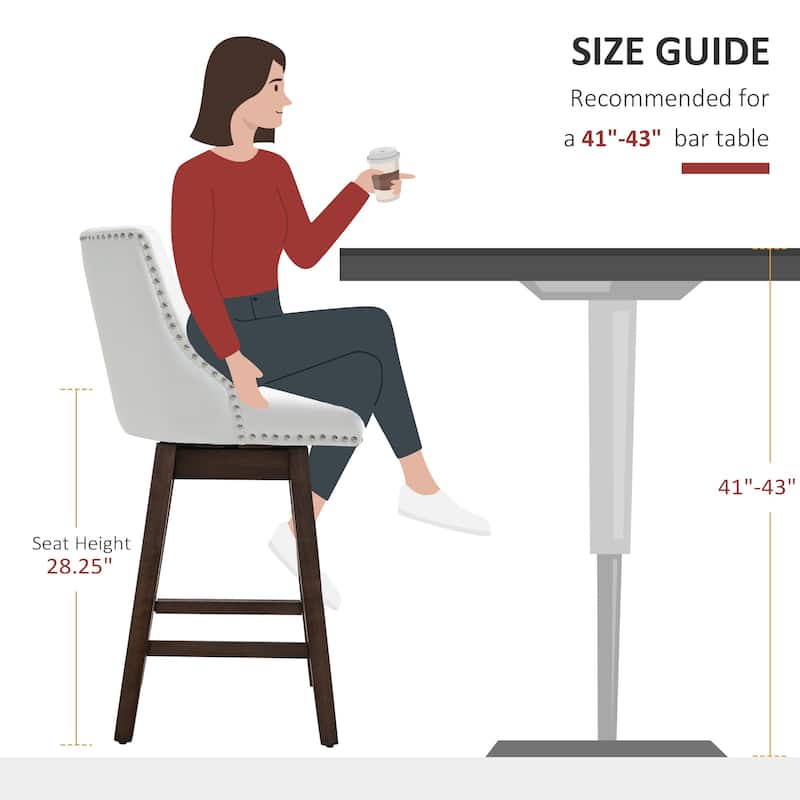 HOMCOM 28" Swivel Counter Height Bar Stools with Backs, Upholstered Dining Room and Kitchen Bar Stools Set of 2 with Wood Legs