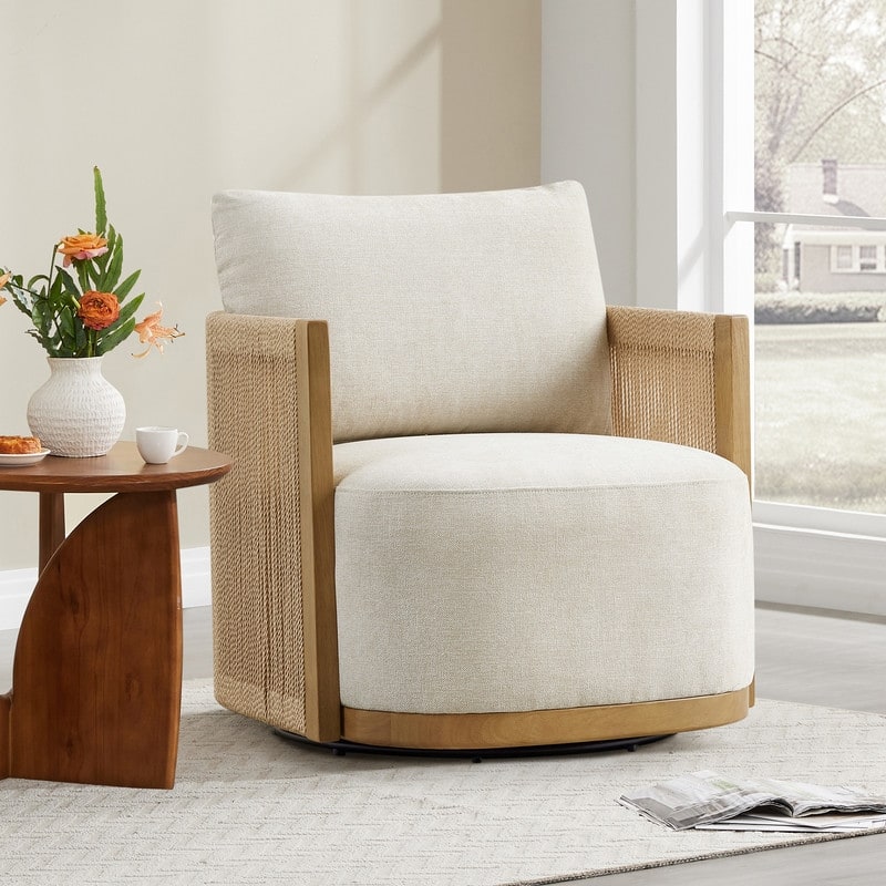 Spruce & Spring Modern Boho Braid Swivel Accent Chair with Hand-Woven Paper Cord Arm - Single - Linen