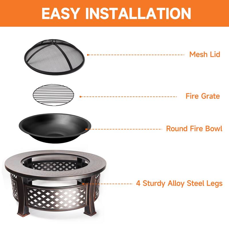 33" Round Fire Pit Table with Screen Lid, Poker, Cover. Outdoor Wood Burning Firepit for Patio & Backyard