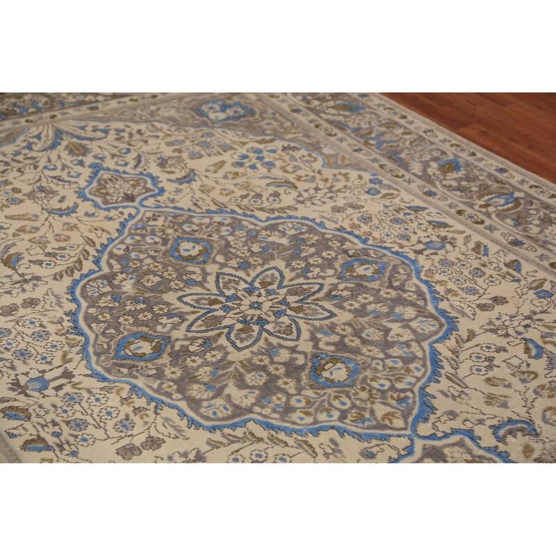 Floral Tabriz Persian Area Rug Beige Hand-Knotted Wool Carpet - 6'8"x 9'6"