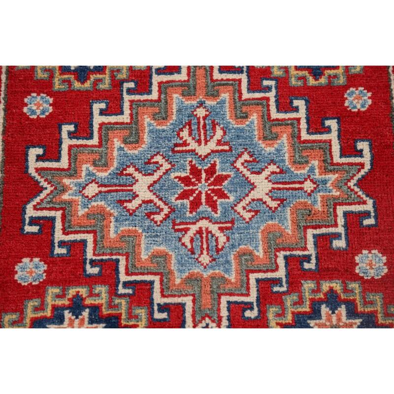 Red Geometric Kazak Oriental Runner Rug Hand-Knotted Wool Carpet - 2'8" x 9'7"