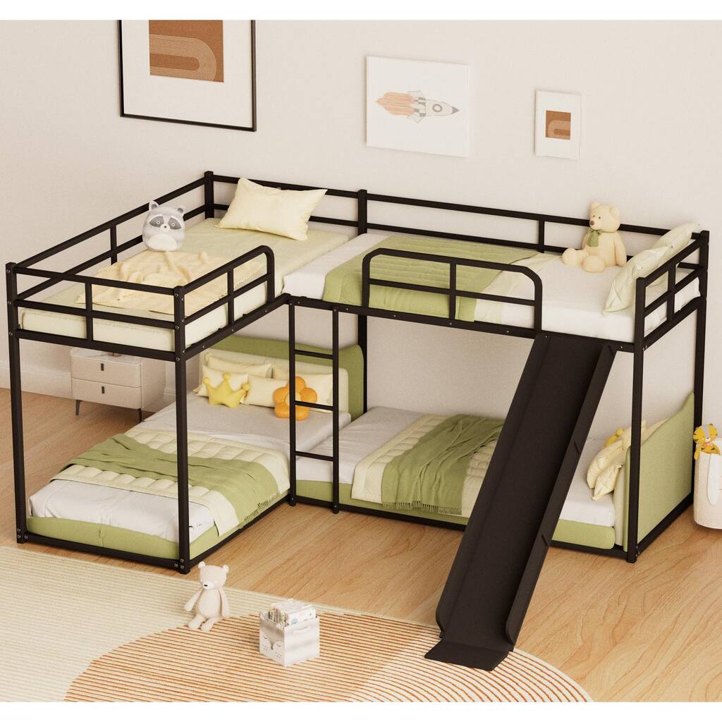 Twin size L-Shaped Metal Bunk Bed with Slide, Short Ladder and Space-Saving Design