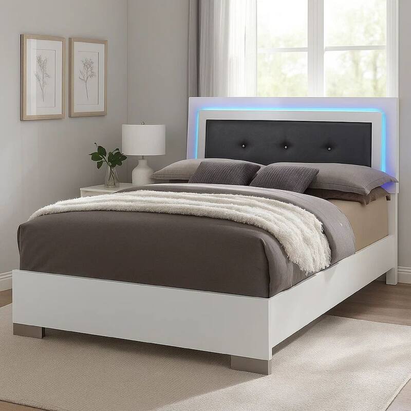 Wooden Queen Bed with Leatherette Headboard and LED trim, White
