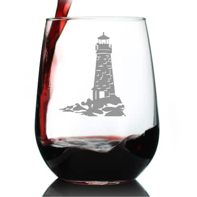 Lighthouse - Stemless Wine Glass - Coastal Beach Gifts & Decor - 17 Ounce