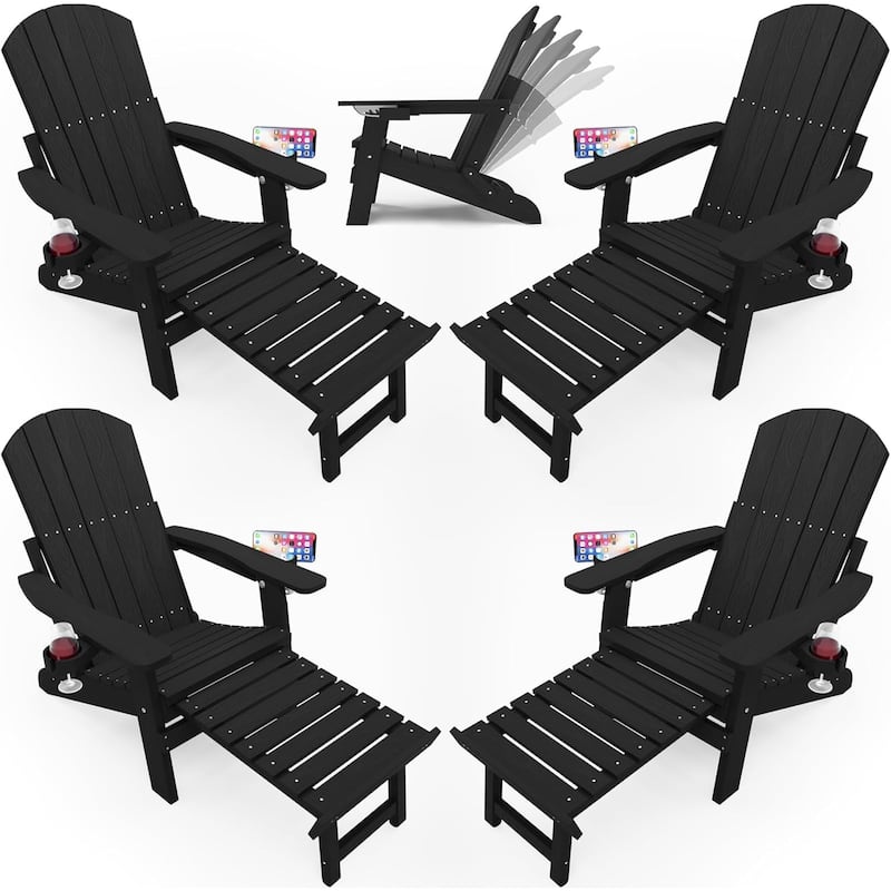 WINSOON All Weather HIPS Folding Adirondack Chair with Ottoman, 5-Gear Adjustable Backrest and Retractable Ottoman Set of 4 - Black x4
