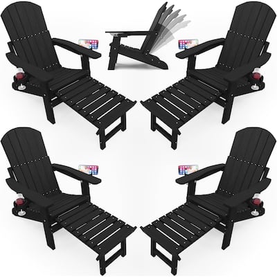 WINSOON All Weather HIPS Folding Adirondack Chair with Ottoman, 5-Gear Adjustable Backrest and Retractable Ottoman Set of 4