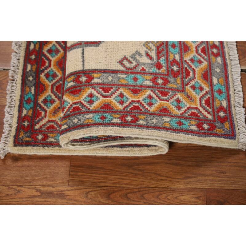 Geometric Kazak Foyer Rug Handmade Beige Traditional Wool Carpet - 2'0" x 3'0"