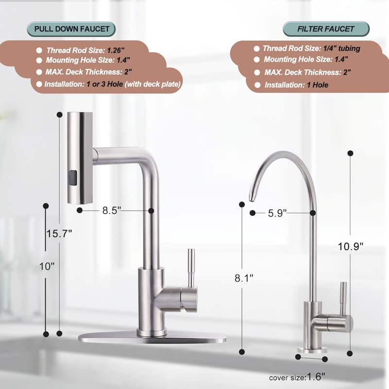 WOWOW Modern-Style Three-Function Pull-Down Kitchen Faucet with Filter Faucet