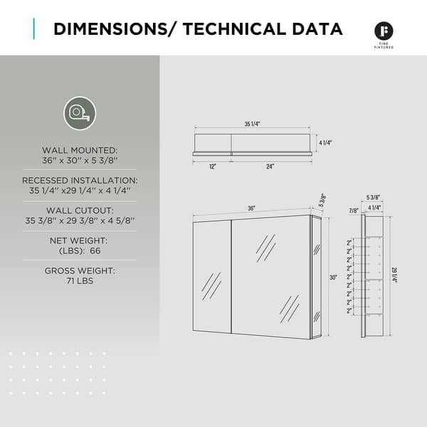 dimension image slide 11 of 15, Bathroom Medicine Cabinet, Aluminum, Recessed/Surface Mount, Right/Left Hinged, Mirrored Interior