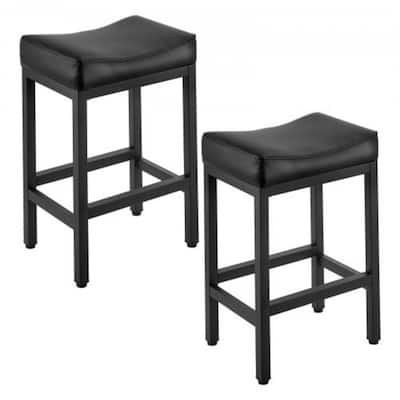 Set of 2 Black PU Leather Counter Height Bar Stools with Curved Seat and Metal Frame - 17.72” x 13.39” x 25.39”