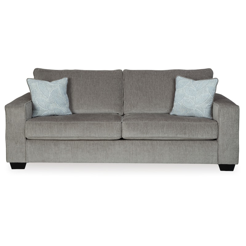 Alti 85 Inch Sofa with 2 Floral Print Throw Pillows, Light Gray Chenille