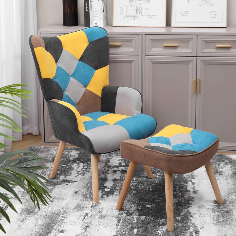 Creative Splicing Cloth Accent Chair with Ottoman