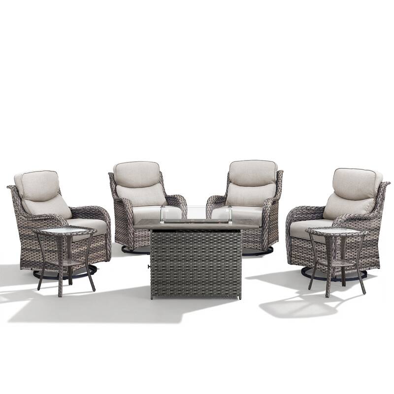 Meyreso 7-Piece Outdoor Patio Wicker Fire Pit 4 person Conversation Set with 5-Inch Thick Cushions