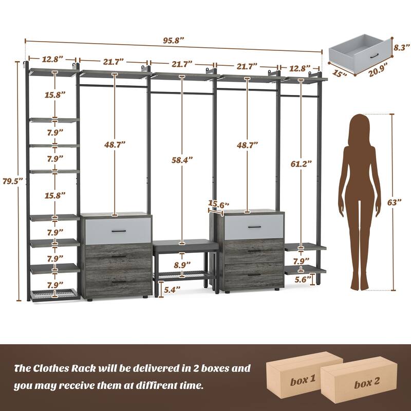 96'' Closet Organizer System with 6 Drawers, Clothing Rack Wardrobe Closet Garment Rack for Walk In Closets