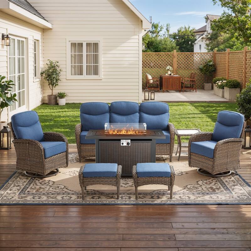 Pocassy Outdoor Sofa Swivel Chair and Ottman with Fire Pit Table - Brown Wicker Blue Cushion - 7PCS Sofa Swivel Chiar Ottoman with Fire Table