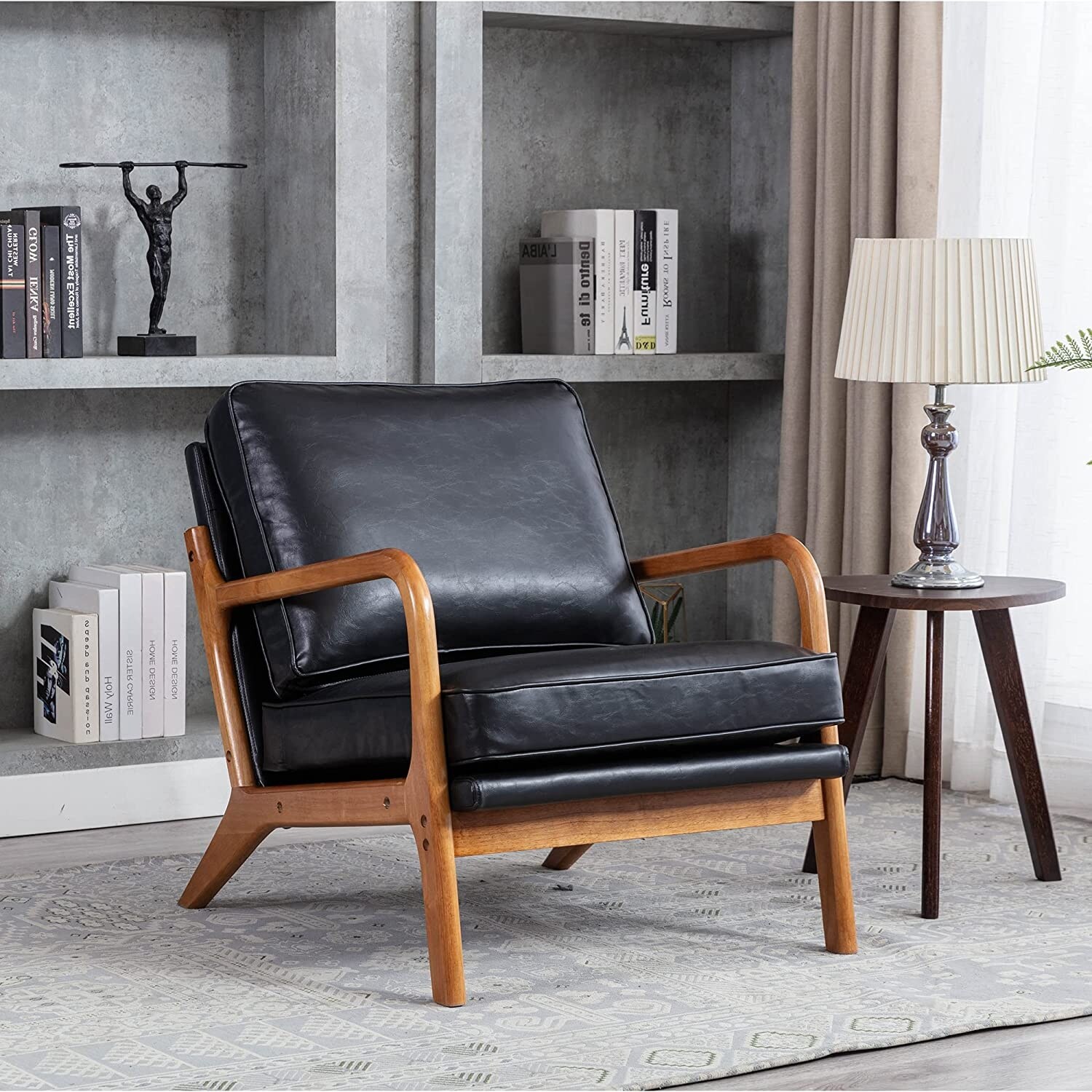 Black leather chair on sale with wood arms