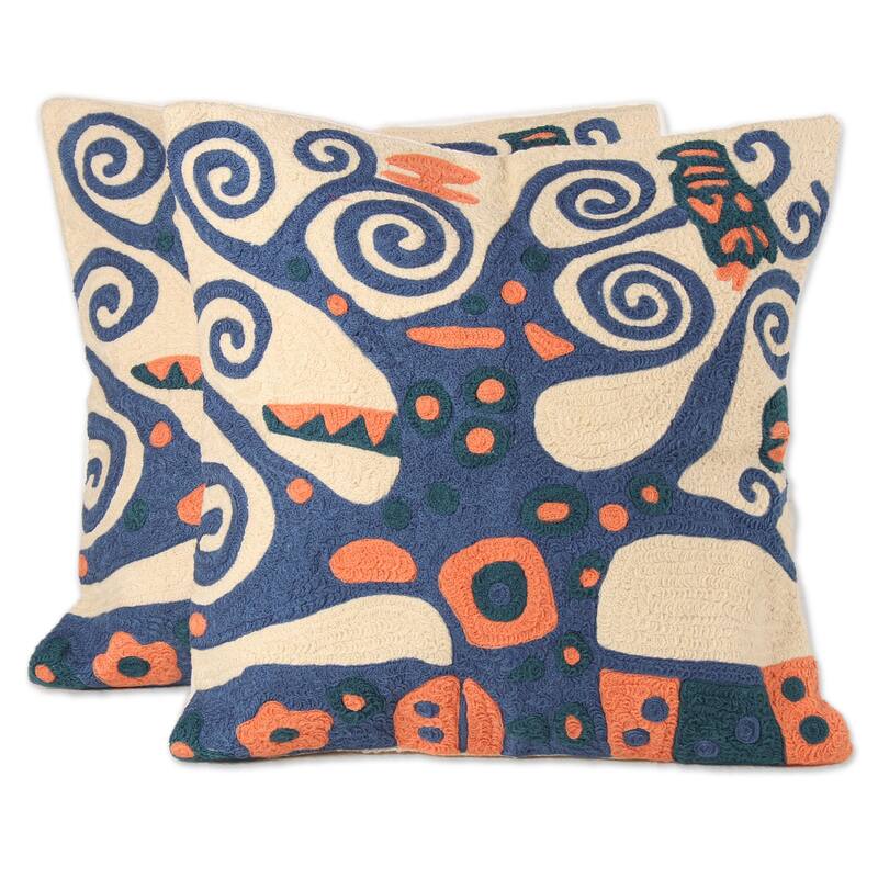 Novica Handmade Swirling Tree Embroidered Cotton Cushion Covers (Pair)