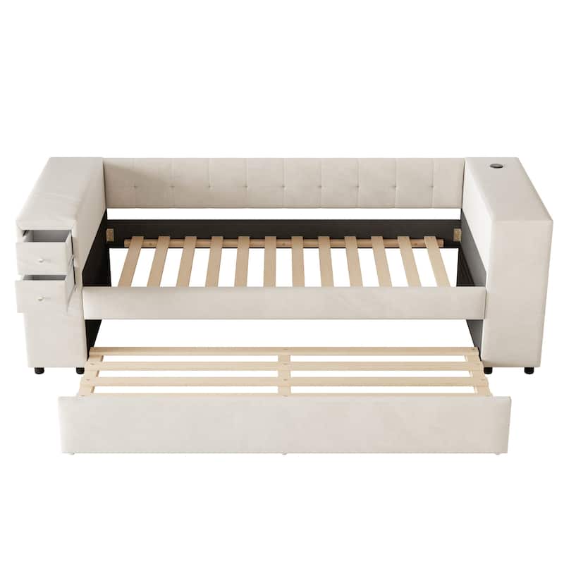 Space-Saving Twin Bed with Trundle, Built-in USB Ports, Storage Drawers, French Velvet Upholstery