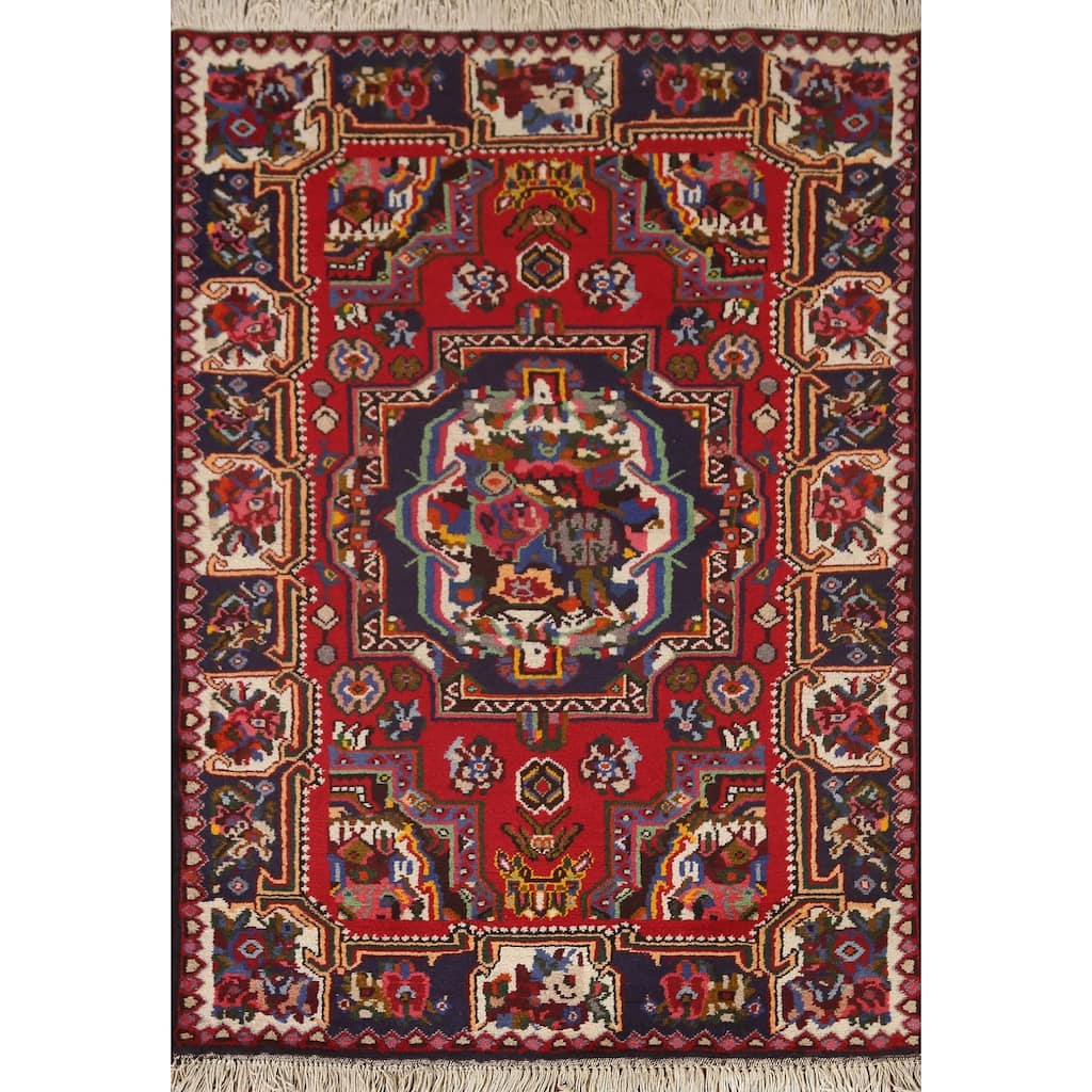 Hand Knotted Oriental 100% Wool Carpet Traditional Medallion Red Bakhtiari Area Rug - 4' 10'' X 3' 8''